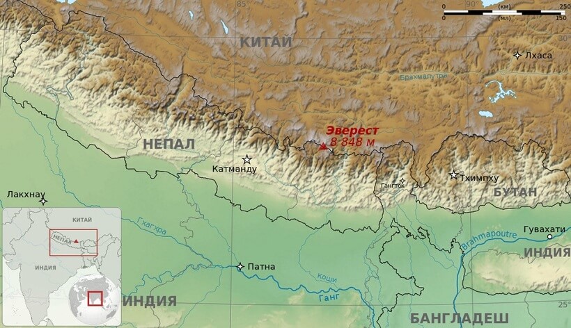 Ubicación del Everest en el mapa del mundo
